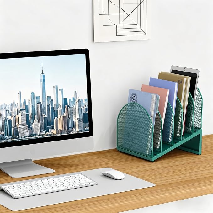 gianotter Desktop File Organizer with 5 Compartments | Desk Organizer Paper Organizer for Desk Workspace Organizers for Office Supplies (Green, Inclined Style)