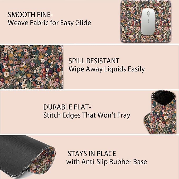 Mouse Pad for Desk with Stitched Edge, Premium Cute Washable Mouse Pads. Computer Mousepad with Non-Slip Rubber Base, Mousepads for Laptop, 9.25x7.75x0.12 inch (Flower Fantasy)