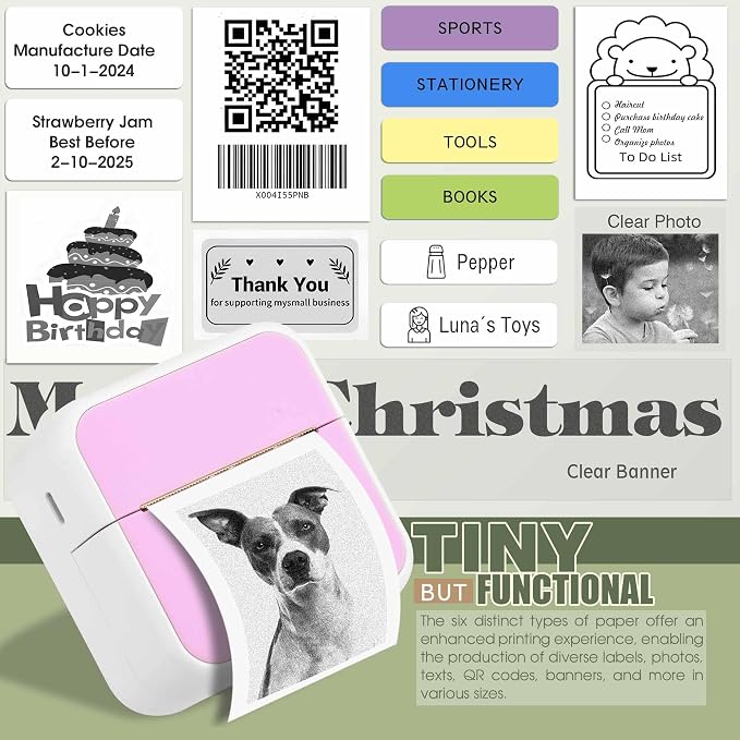 Label Maker Machine with 6 Tapes, Thermal Label Maker, Portable Mini Bluetooth Label Printer with Clear Tape for Home, Kitchen, School, Office Organization Pink
