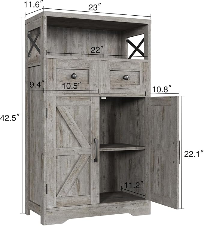 Farmhouse Storage Cabinet with Drawers, Small Kitchen Pantry Cabinet, Gray | Accent Coffee Bar Cabinet Cupboard, 2 Drawers, 2 Barn Doors & Adjustable Shelves, for Kitchen/Entryway/Living Room/Bathroom