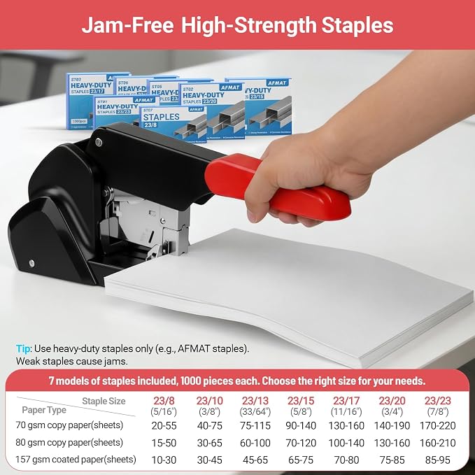AFMAT Heavy Duty Stapler, 210 Sheet Staplers for Desk with 7000 Staples, Jam-Free, 50000+ Uses, 60% Reduced Effort, Easy Reload, Adjustable Paper Guide, Large Metal Manual Office Staplers, ES15