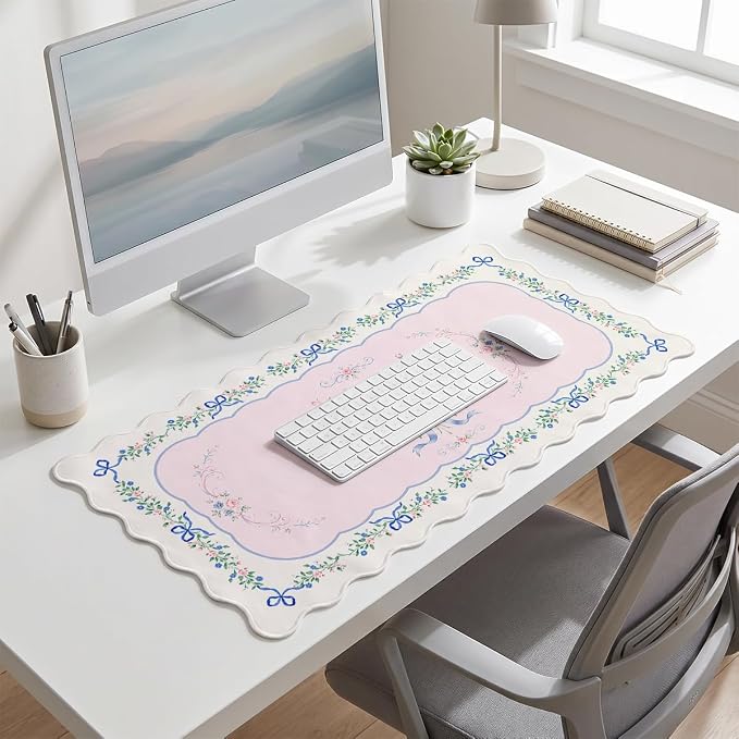Shabby Chic Scalloped Desk Mat Pastel Blue Bow Pink Rose Floral Extended Gaming Mouse Pad Mat with Stitched Edge Non-Slip Base Big Mouse Pad Office Computer Keyboard Laptop Home 31.5"x15.7"