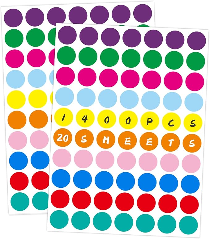 1400 PCS Colored Circle Dot Stickers 3/4" Round Coding Label | Used for manual labor in kindergartens, garage yard price sales, organizing activity color groups,marking spice bottles