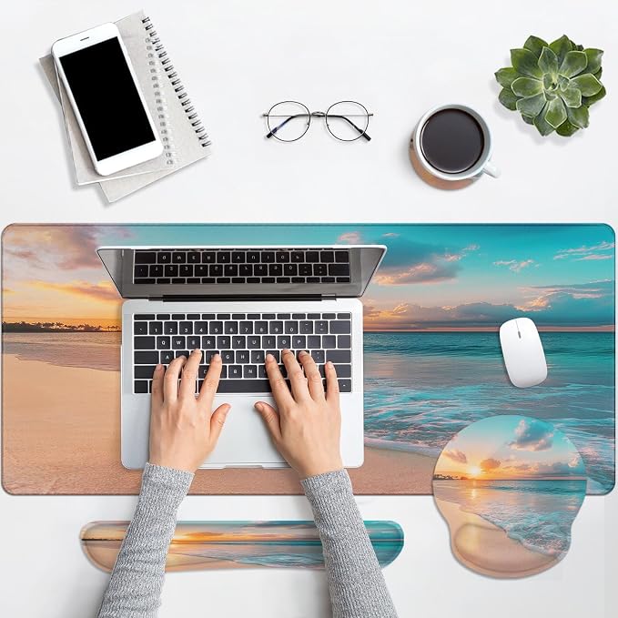 Arttown Keyboard Mouse Pad Set, 4 in 1 Desk Mat Set Ocean Beach | Summer Sea Wave Large Mousepad+Keyboard Wrist Rest+Mouse Wrist Rest+Coaster Ergonomic Design for Home Office Computer