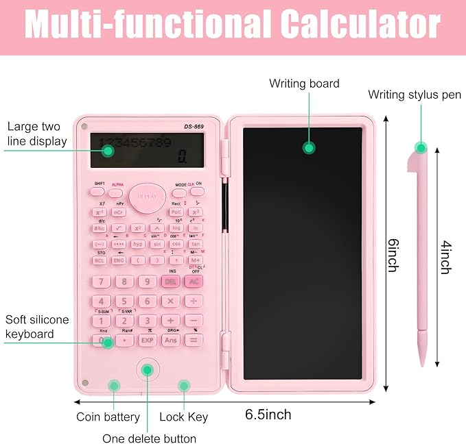 Scientific Calculator with LCD Writing Tablet Notepad, 240 Functions Foldable Math Calculator, Dual-Line 10+2 Digit Large Display, Portable for High School College Office(Pink)