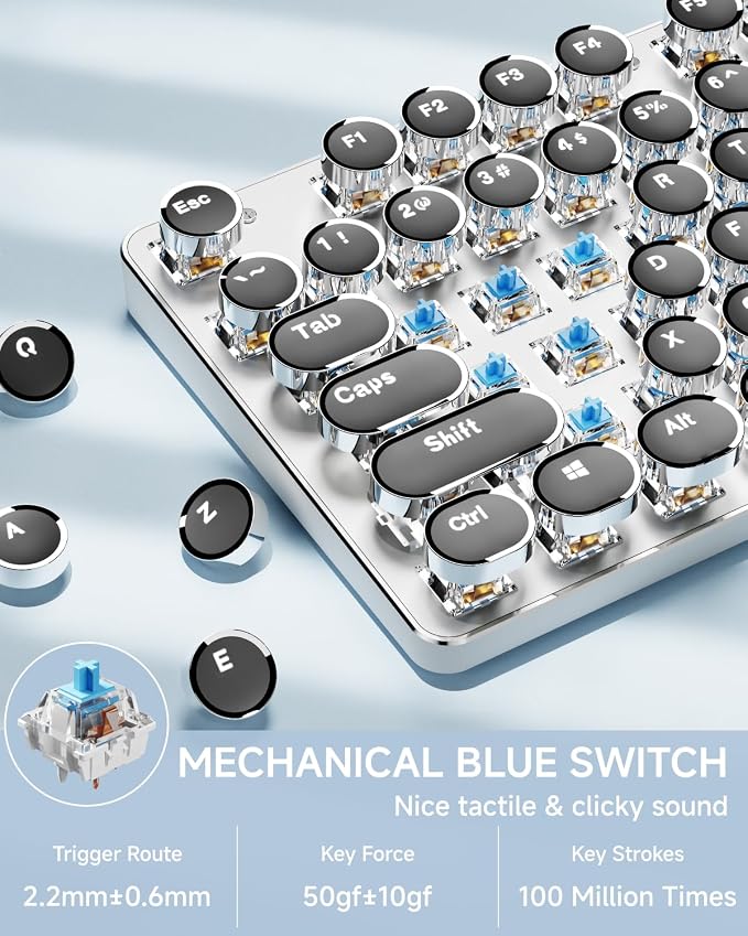 Wireless Typewriter Style Mechanical Keyboard with White Backlit, Full Size | Bluetooth/2.4G/Wired, Retro Punk Round Keycaps, Blue Switch for Windows PC, Mac, Desktop, Laptop, Blue, EWEADN TK950