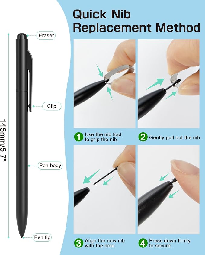 Ciscle Pen for Remarkable 2, Non-Magnetic Stylus with Eraser, 5 Tips | Battery-Free Design Offers 4096 Pressure Levels, Palm Rejection and Tilt Support for Smooth Writing, Drawing and Note-Taking