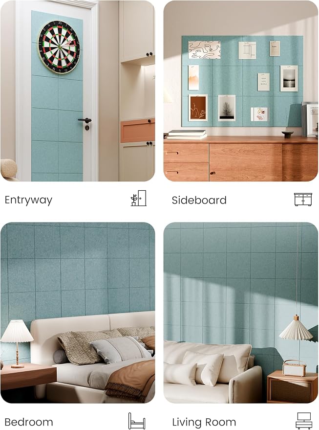 Bumusty 48"x 36" Large Felt Bulletin Board Tiles, Aqua Blue | 12-Pack Cork Board Alternative, Wall Decor, 30 Pushpins, 60 Adhesive Tabs, Vision Board, Office, Classroom, Home, Dorm