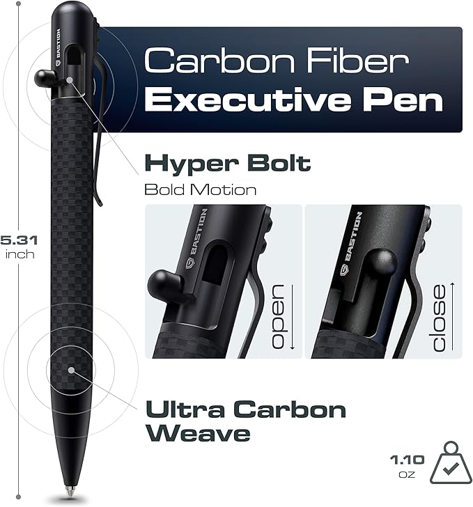BASTION® Luxury Carbon Fiber Bolt Action Pen Durable Professional Ballpoint Pen for Travel, School and Work Birthday Gift Idea - Black Stainless Steel