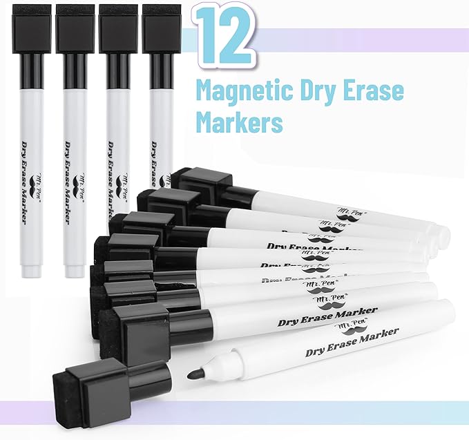 Mr. Pen- Magnetic Dry Erase Markers Bulk, 12 Pack, Black, Fine Tip, Dry Erase Markers with Eraser Cap