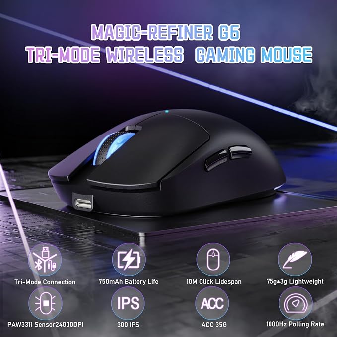 MAGIC-REFINER G6 Wireless Gaming Mouse,24000 DPI Adjustable,72g Lightweight Mouse,1000Hz Polling Rate,Tir-Mode BT/2.4G/ Wired Gaming Mouse,750mAh Battery,with Grip Tape for Gamer/Office/PC/Mac,Black