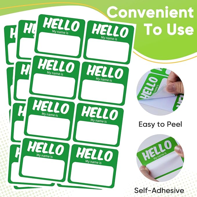 256 Pcs Name Tags Sticker 3"x2.5" Hello My Name is Stickers, Green Name Labels Adhesive Identification Name Badges for School, Office, Meeting, Family Parties, Mailing