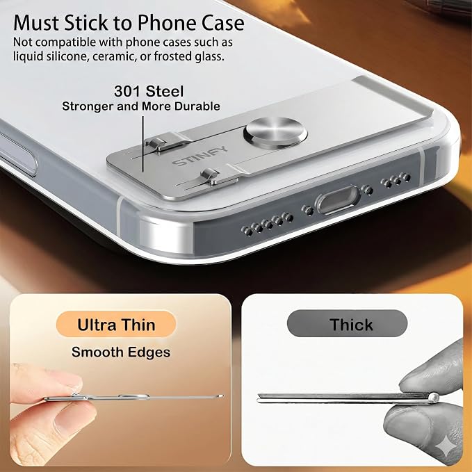 Phone Slim Stand Thin Kickstand for iPhone Phone Case Sliver 2-Pack | Ultra Thin Vertical Horizontal Universal Steel Metal Stable Mount Attachable Pocket Friendly Phone Holder for Phone Case