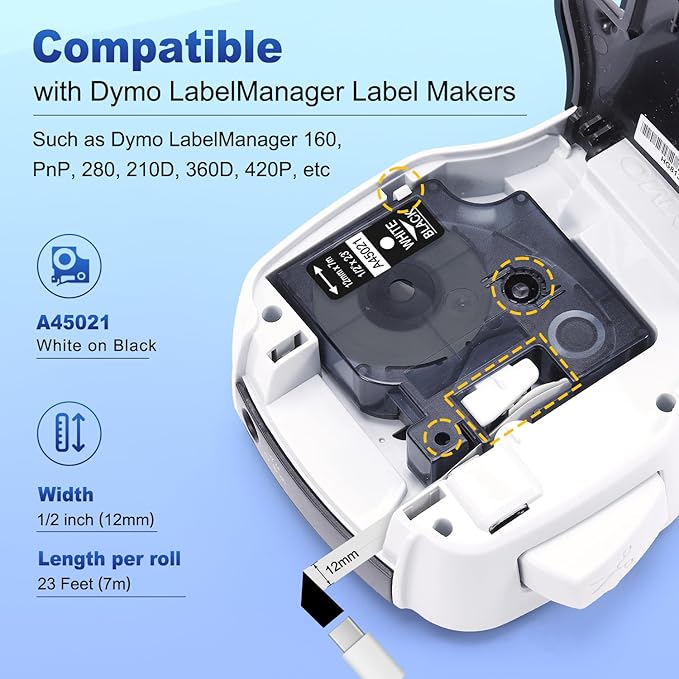 COLORWING Compatible with Dymo D1 Label Tape White on Black 45021 a45021 Black Label Maker Refills d1, 1/2 Inch x 23 Ft, S0720610 for Dymo LabelManager 160 210D 280 360, 6-Pack