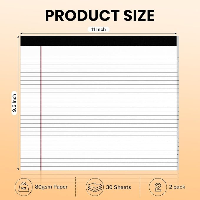 2 Pack White 11" x 9.5" Legal Pads College Ruled Notepad Note Pads 30 Sheets Lined Paper Pads 80 GSM Legal Pad Perforated Writing Pads with Sturdy Back for School, Office, Home