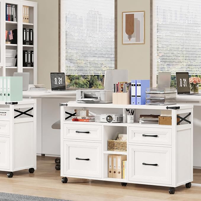 Halitaa Farmhouse Filing Cabinet with Adjustable Shelf & Wheels, White | Lateral File Cabinets, Office Storage Cabinet with 4 Drawers, Open Storage Space, for Hanging Files A4/Letter for Home Office
