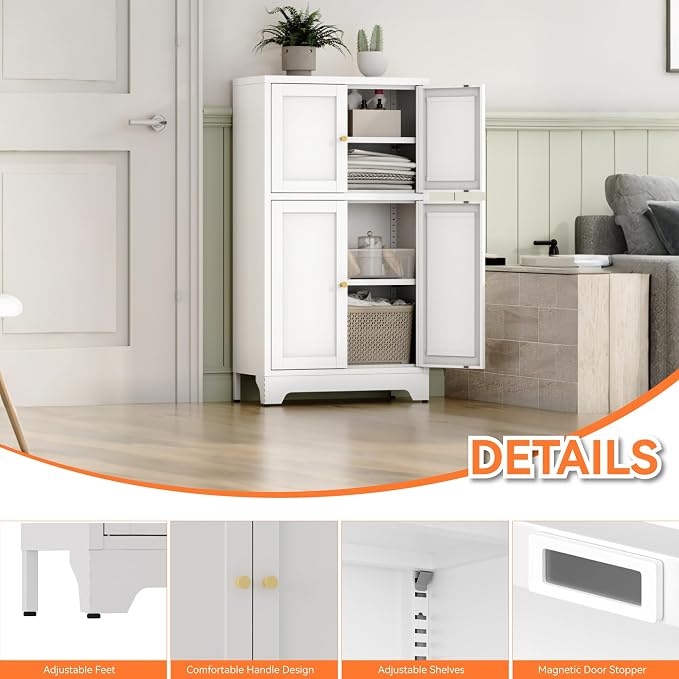 YAUWOH White Bathroom Floor Cabinet, Metal Storage Cabinet with 2 Adjustable Shelves & 4 Doors,Freestanding Sideboard for Dining Room,Living Room, Home Office