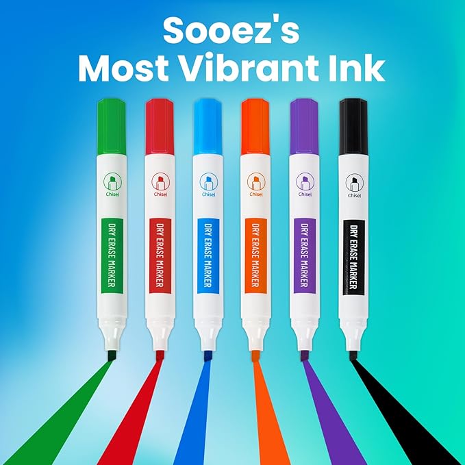 Sooez Dry Erase Markers, Low Odor Whiteboard Markers with Chisel Tip, Assorted Colors 6 Count, Vibrant & Long-Lasting Ink. Intended for Teens & Adults, Not Intended for Children