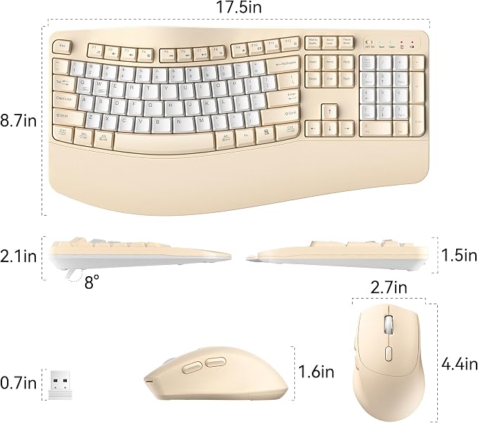 Wireless Keyboard and Mouse Combo,2.4G Ergonomic Wave Keys(Latte Color-B) | Full Size Cordless Keyboard with Wrist Rest,3-Level DPI Ergonomic Mouse for Office and Home,Windows/Mac OS/Desktop/Laptop/PC