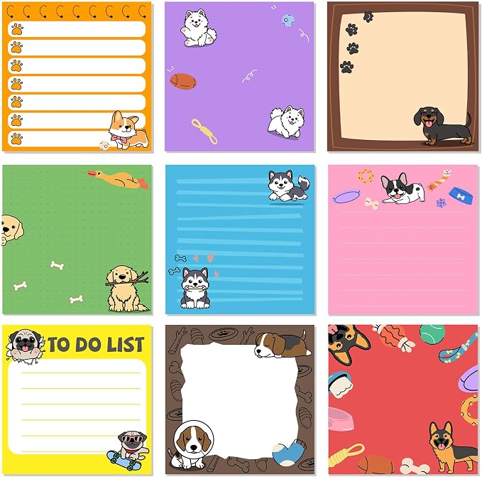 9 Pads Dog Sticky Notes, 3x3 Inch Cute Stick Notepads | Adhesive Memo Notes Pad, Coworker Gifts, Office Supplies Decor, Desk Accessories for Students, Teacher, Meeting