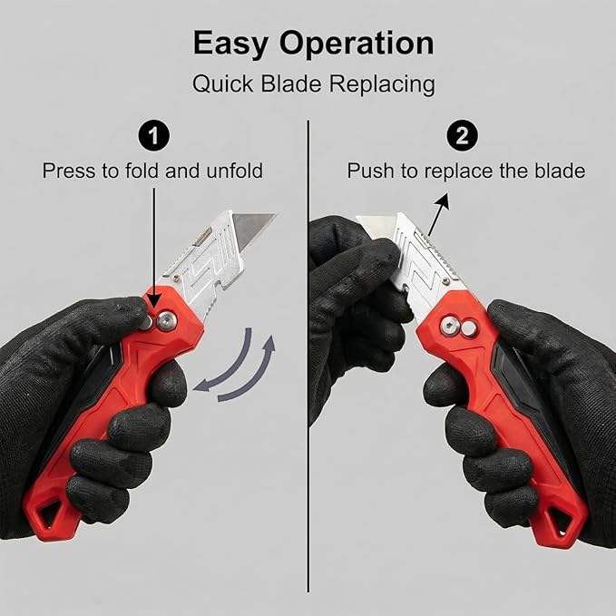 Box Cutter with Blade Storage Design, Heavy Duty Folding Utility Knife with 10 Extra Blades for Cardboard, Carton, Carpet Cutting, Anti-slip Handle, Quick Replace Blade