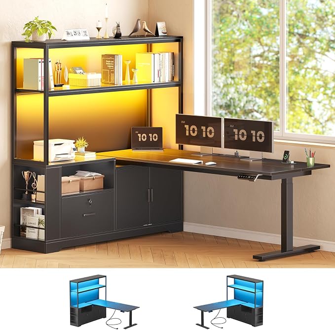 SEDETA 57" L Shaped Standing Desk, Sit Stand Office Desk with Storage Hutch | Black Reversible Stand Up Corner Gaming Desk with Drawer, Shelves, LED Lights & Power Outlet for Work, Writing, Study