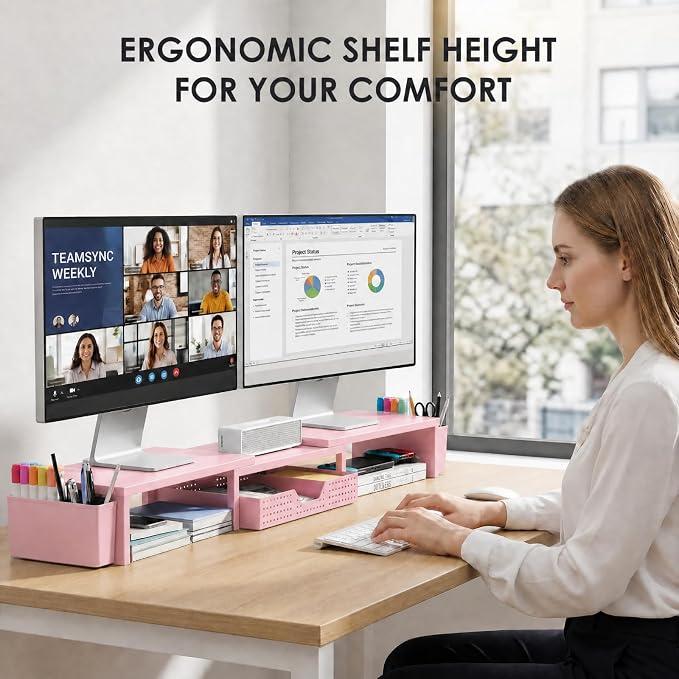 Desk Organizers and Accessories, Dual Monitor Stand Riser with Drawer and 2 Pen Holders, Desk Shelf Computer Racks for Office Workspace Organizers, Desktop Organization (Peach-pink)