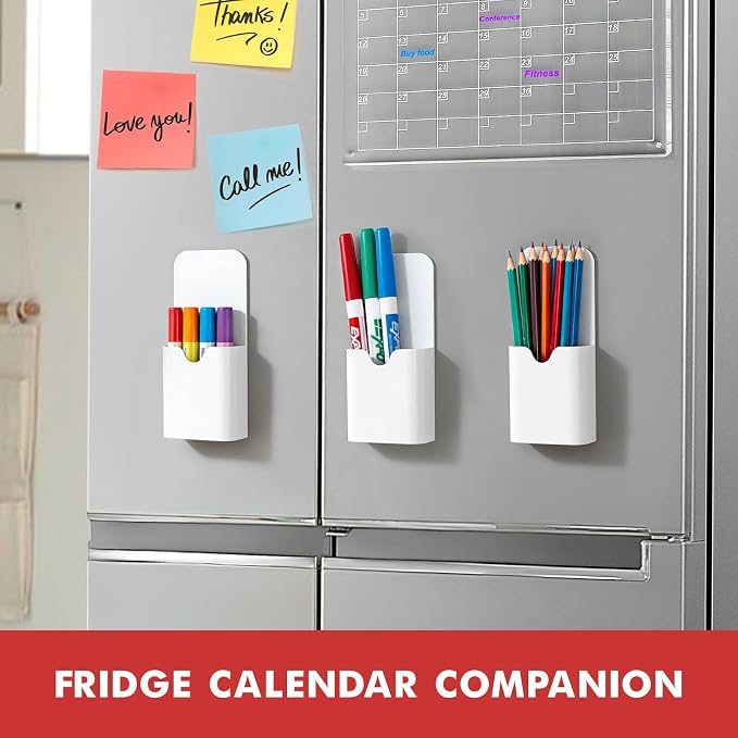 BEYGORM Magnetic Pen Holder for Refrigerator, Pencil Cup Organizer (White) | Upgraded 1.5mm thick magnetic backing for whiteboards, lockers & fridge; 4 Pcs dry erase marker holder for classroom & office