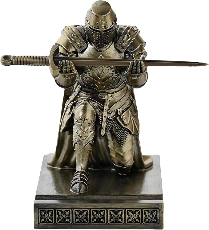Medieval Templar Vanguard Officer Knight Pen Holder Desk Organizers Bronze | Pencil Stand Paperweight Desktop Decoration Accessories Cell Phone Stand with a Fancy Sword for Medieval Warrior Enthusiast