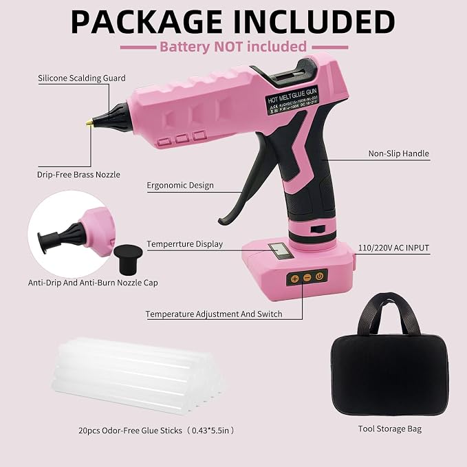 100W Cordless Glue Gun for Dewalt 20V MAX Battery- 20 Full Size Glue Sticks | Digital Temperature Adjustable High Temp Full Size Heavy Duty Hot Glue Gun (Battery Not Include)