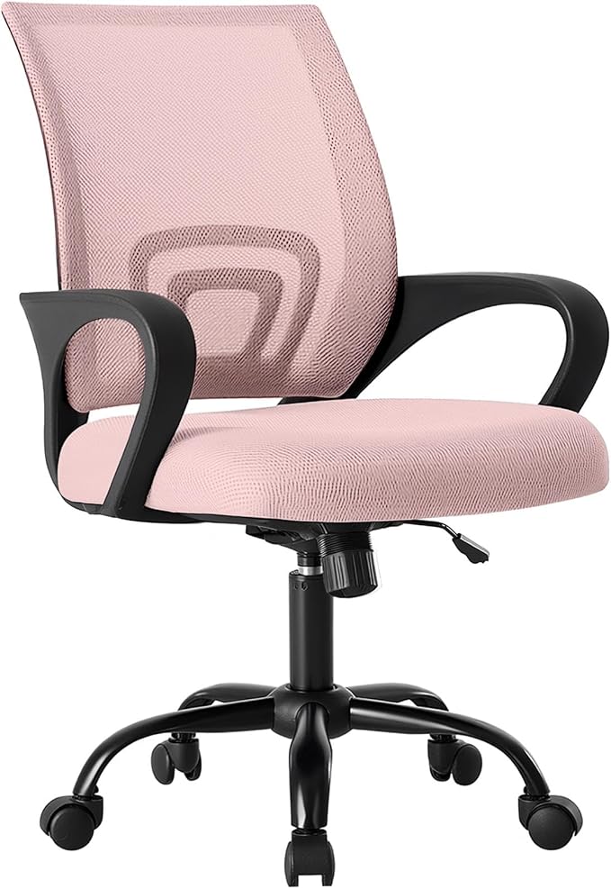DUMOS Ergonomic Office Chair, Home Desk Lumbar Support Chair | Mid Back Mesh, Height Adjustable Fixed Armrest, Rocking Mode 360 Swivel Computer Gaming, Pink