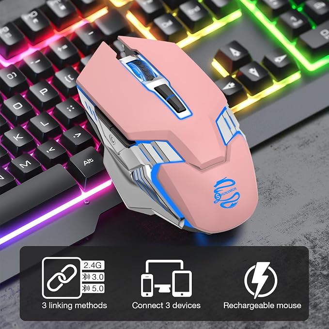 Wireless Mouse Bluetooth, Silent Rechargeable Multi-Device Mouse, BT5.0/3.0 and USB Cordless Computer Mice, RGB Light up Gaming Mice for Laptop PC Mac Macbook Air/Pro iPad Tablet Office Games -Pink | BT5.0/BT3.0+2.4G connection, RGB backlight & quiet c...