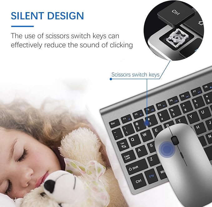 Wireless Keyboard and Mouse Ultra Slim Combo, TopMate - Gray Black | 2.4G Silent Compact 2400DPI Mouse and Scissor Switch Keyboard Set with Cover, Batteries Included, for PC/Laptop/Windows/Mac