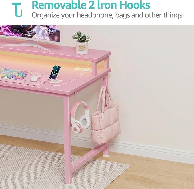 Lufeiya Girls Desk with Power Outlets and LED Lights, 40 Inch Gaming Desk Table with Charging Station, Home Office Computer Desks with Monitor, Pink