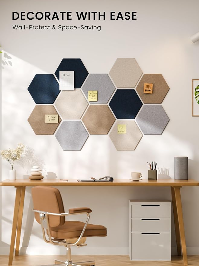 Fluxynara 12-Pack Hexagon Felt Bulletin Board Tiles, Nordic Slate-1 | Cork Board Alternative with 60 Adhesive Tabs for Notes, Photos and Reminders in Home Offices, Dorm and Classrooms