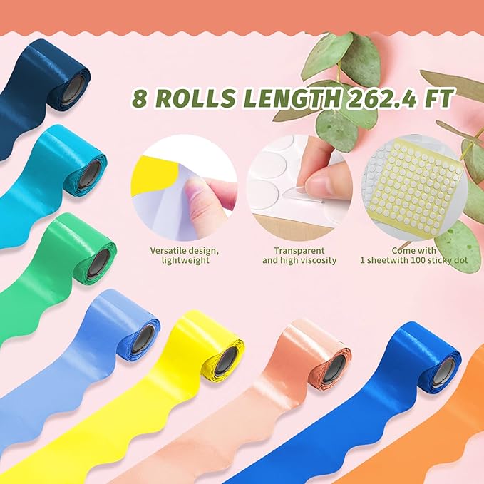 8 Rolls 262.4 Ft Bright Bulletin Board Borders Set - Decorations for Office, School Classroom Decor, Teachers & Home DIY - Posters & Birthday Parties - Board Trim （Science Color）
