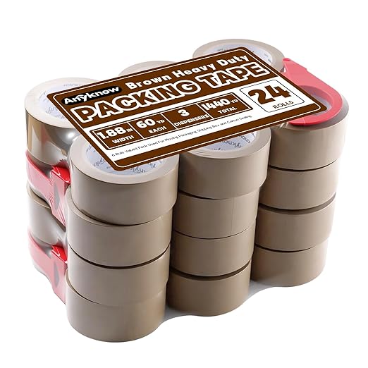 Brown Packing Tape 24 Rolls Heavy Duty Packing Tape with 3 Dispenser - 2.5mil x 1.88" x 60Y Strong Adhesive Packaging Tape for Carton Sealing, Shipping, Mailing & Storage