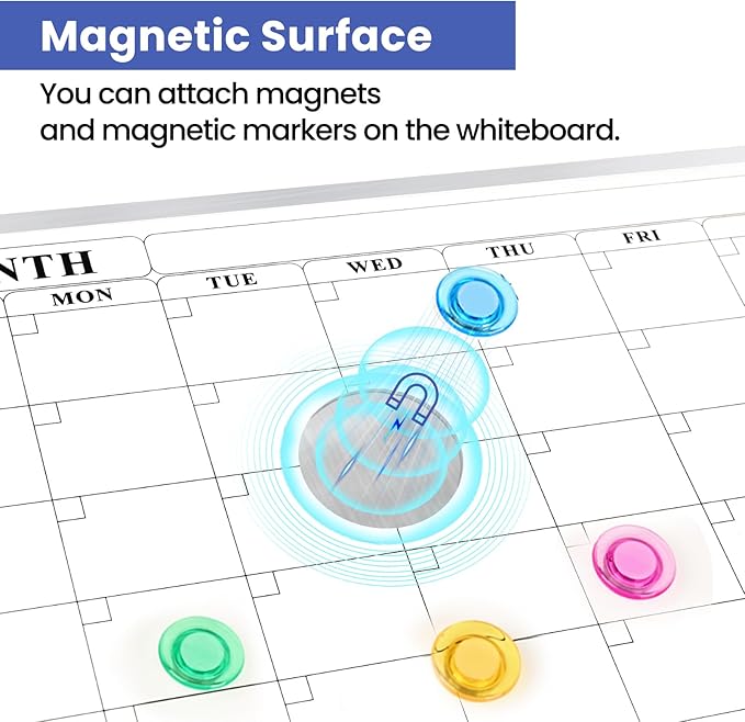 Monthly Calendar Dry Erase Board for Wall, 16"x12" Double-Sided Magnetic Calendar White Board with Hooks, Silver Aluminum Alloy Frame Hanging Whiteboard for Office, Home, School