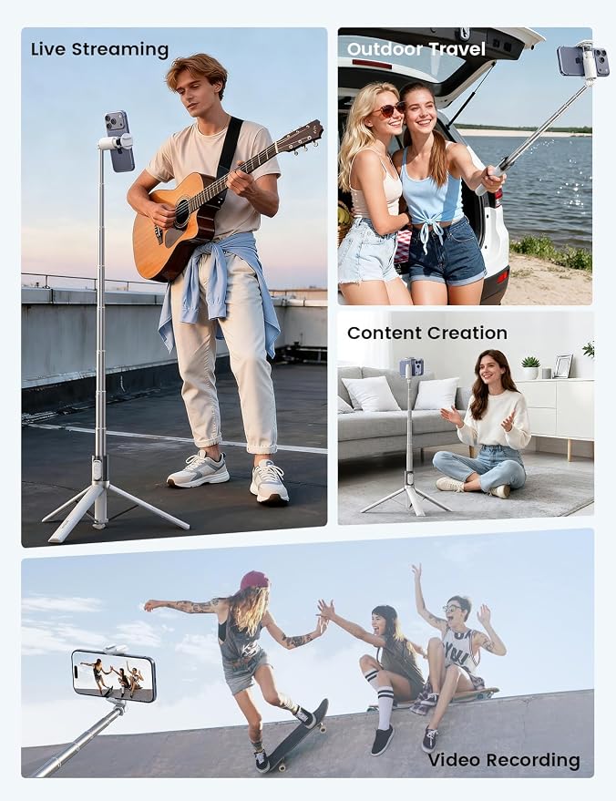 Lamicall 65" Tripod for iPhone 0.77lb Selfie Stick with Remote & Cold Shoe | Auto Open Phone Tripod Ultra-Stable Phone Stand for Recording for Travel Live Stream Vlog fit iPhone 17 Pro Max Android-White
