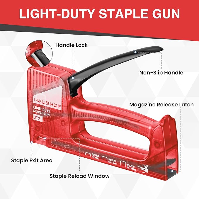 HAUSHOF Light Duty Staple Gun, Upholstery Staple Gun with 800PCS JT21 Staples and Stapler Remover, Fits JT21 Staple of 1/4'', 5/16'' & 3/8'', Used for Wood, Classroom, Crafts, DIY (Red Transparent) | Upholstery Staple Gun Fits JT21 Staple of 1/4'', 5/1...