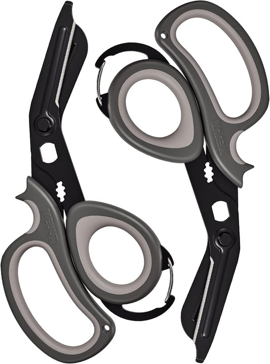 MEUUT All Purpose Scissors 2 Packs with Carabiner for Kitchen Outdoor | 7.5-inch heavy duty all purpose, Ambidextrous, micro-serrated stainless steel blades, integrated O2 wrench, soft rubber grip