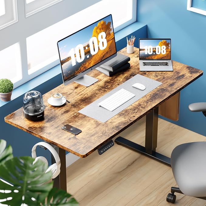 DUMOS 47 Inch Electric Standing Desk, Memory Adjustable Home Office Desk | Sit Stand Up Desk for Work Home Office,Adjustable Desk, Rising Computer Table with Splice Board,Cable Management,Hook,Rust