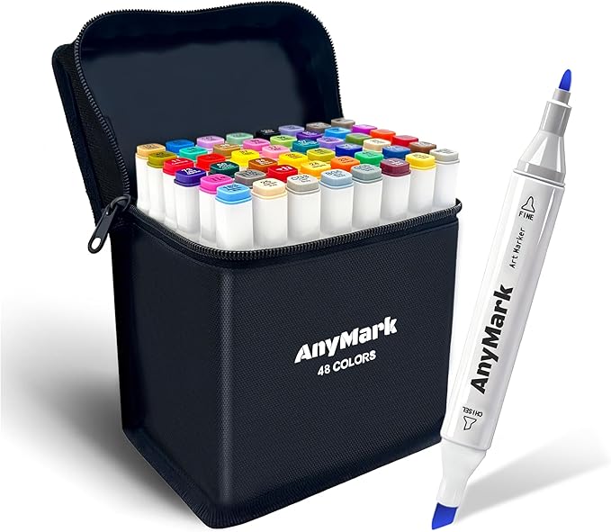 AnyMark Alcohol Markers, 48 Colors Dual Tip Art Coloring Markers Set for Adult Book Drawing Sketching Painting, Chisel & Fine, White Penholder