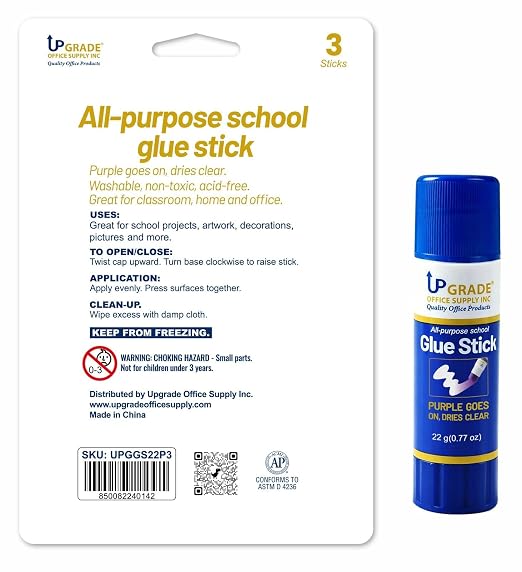 Upgrade Office Supply Glue Sticks, 22g, 3 Count, Purple Goes On Dries Clear | Acid-Free, Washable Non Toxic, for Classroom, Home, Office, Art, Craft and Poster Projects