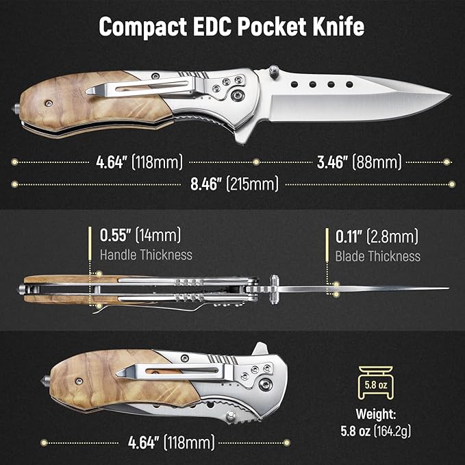 Pocket Knife for Men - Sharp Blade Wood Handle Pocket Folding Knives with Clip, Glass Breaker - EDC Knives for Survival Camping Fishing Hiking Women, Large, Olive