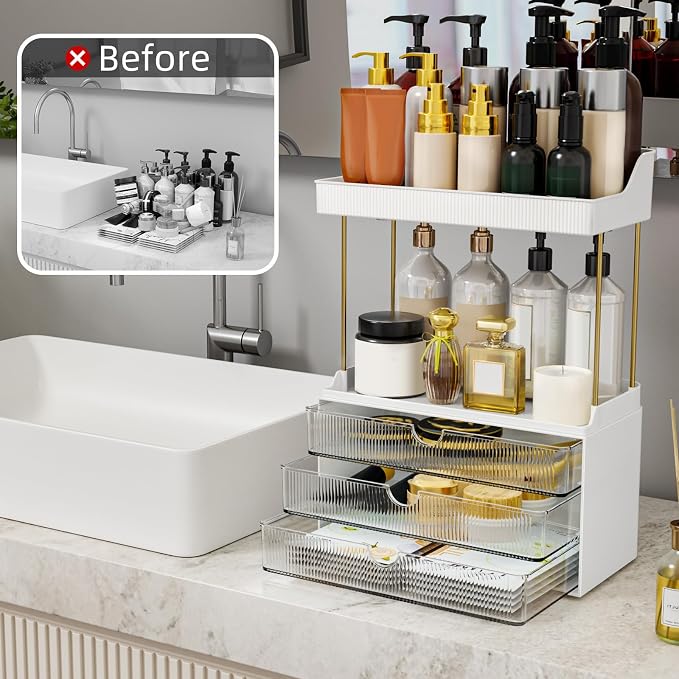 StorBin Arcylic 5-Tier Makeup & Skincare Organizer for Vanity, Bath | Smooth 3 drawers, clear body, gold frame, non-slip, for perfumes, serums, face masks, palettes, vanity & bath counter,Clear