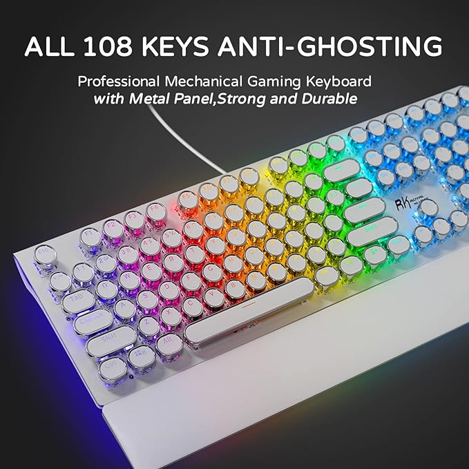 RK ROYAL KLUDGE S108 Typewriter Gaming Keyboard, Retro RGB Mechanical Keyboard, Full Size Wired Keyboards with Number Pad and Detachable Wrist Rest, Round Keycaps, Clicky Blue Switches White