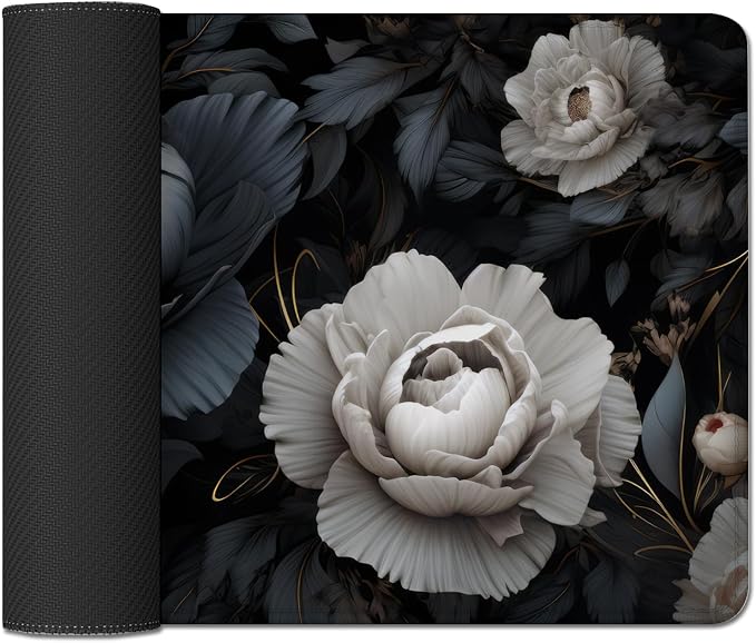 Black and White Mouse Pad,Floral Mouse Pad Desk Mat,Large Mousepad | Stitched Edges Rubber Non-slip Girls Office Study XL Long Extended for Computer Keyboard Laptop PC