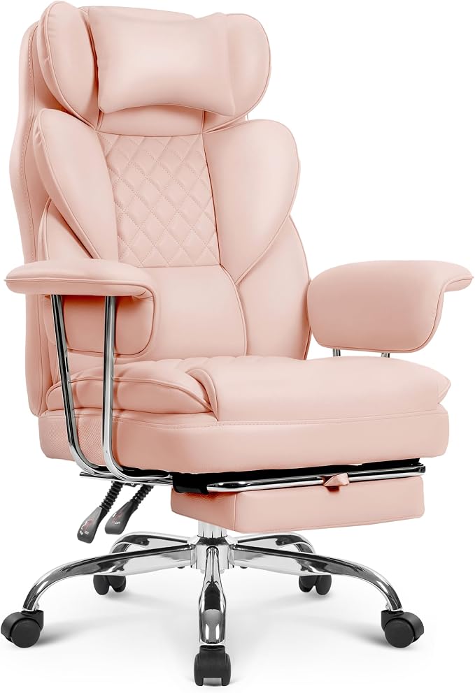 NEO CHAIR Big & Tall Leather Office Chair, High Back, Lumbar Support, Pink | Gaming Chair for Adults and Computer Use, Reclining Office Chair with Foot Rest, Massage, Comfy Design and Heavy Duty Support