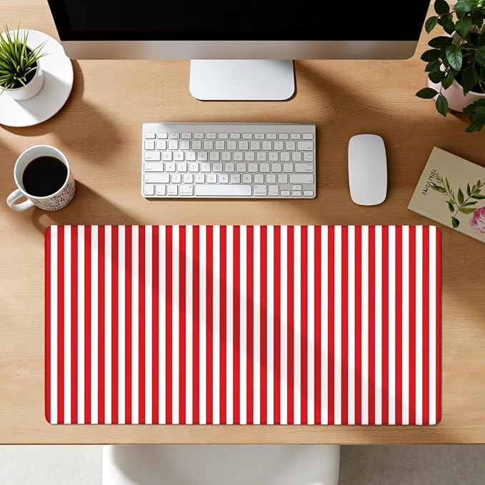 Red Striped Desk Mat Cute Pastel XXL Large Gaming Mouse Pad Desk Pad Kawaii Cozy Aesthetic Keyboard Laptop Computer Mat Home Office Decor for Women
